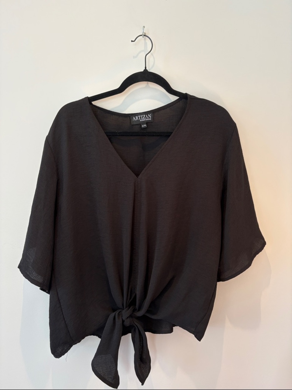 Black Tie-Front V-Neck Blouse